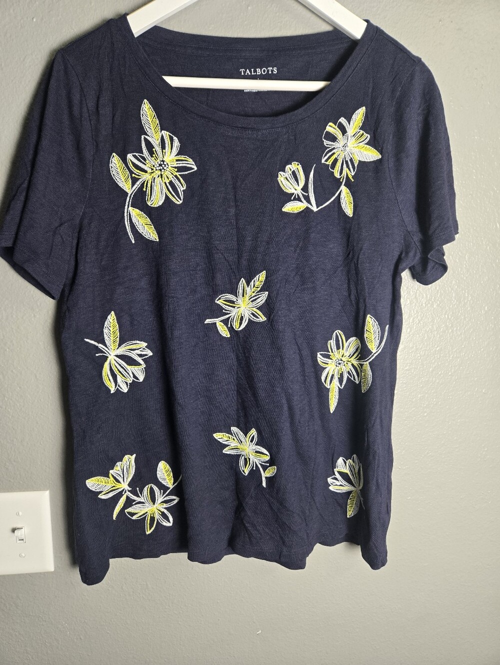 Talbots Navy Blue Short Sleeve Tee with White and Yellow Floral Embroidery